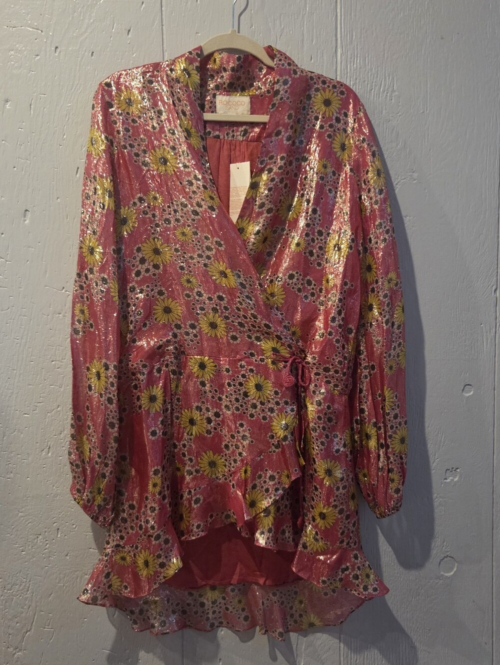Rococo Sand Metallic Pink Floral Faux Wrap Dress with Ruffle Hem
